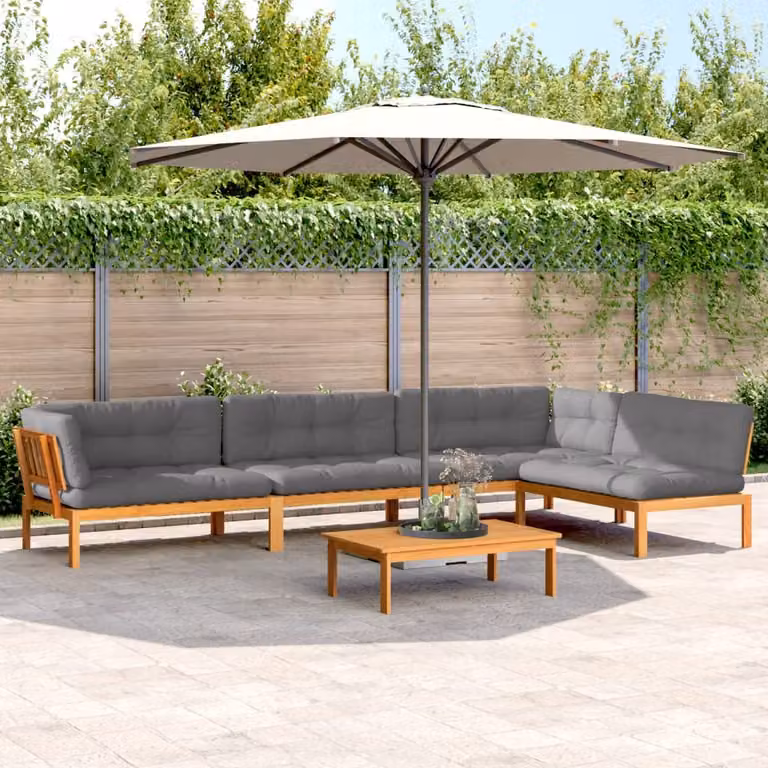 Set Divano da Giardino a L vidaXL in Legno di Acacia con Cuscini e Tavolino da Esterno, 5 Pezzi, Marrone e Grigio