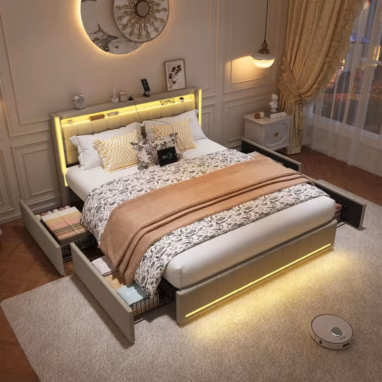 Letto matrimoniale imbottito con contenitore - 4 cassetti - Illuminazione LED con funzione di ricarica USB - Struttura a listelli - 140x200 cm - Rivestimento in lino - Beige
