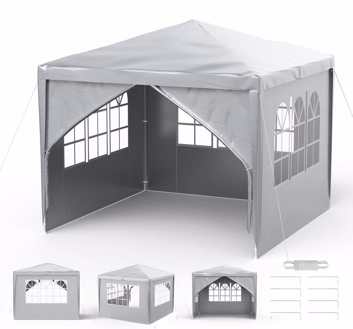 Gazebo pieghevole impermeabile, grigio, 3x3 metri, con 4 pareti laterali, ideale per il giardino. Realizzato in polietilene