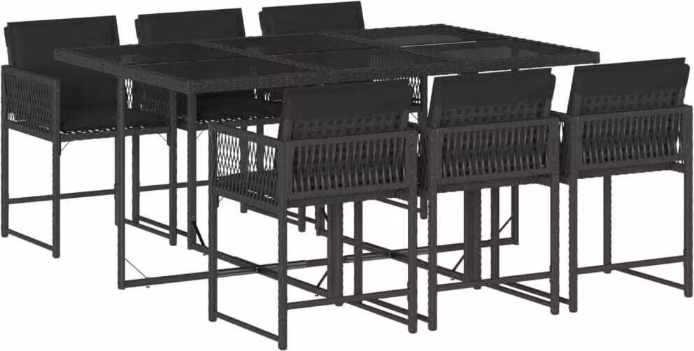 Set da Pranzo da Giardino 7 pz Nero con Cuscini in Polyrattan