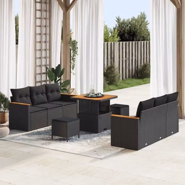 Set Divano da Giardino 9 pz Nero polyrattan 3362994