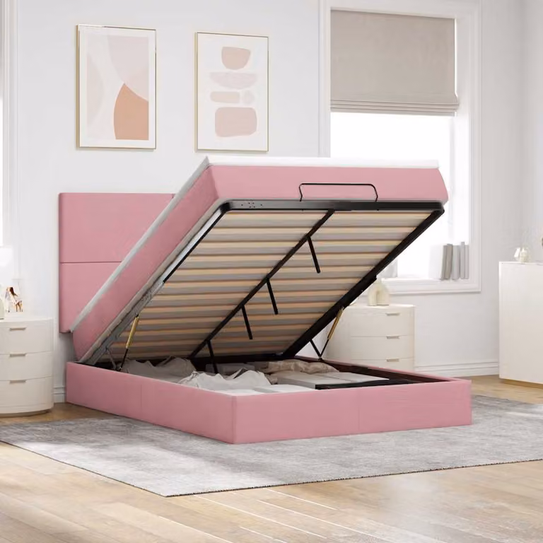 Letto con contenitore a sollevamento vidaXL in velluto rosa e bianco, L/P/H: 193 x 144 x 128 cm