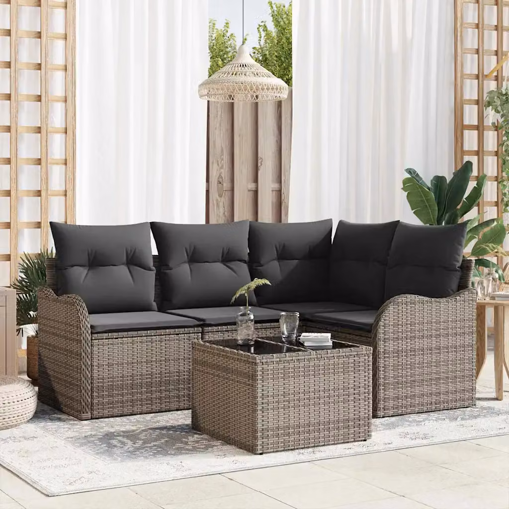 Set Divano da Giardino vidaXL 5 Pezzi a Forma di L con Tavolino e Contenitore, Polyrattan Nero e Grigio con Cuscini Inclusi – 1