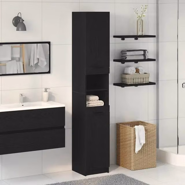 Mobile da bagno moderno vidaXL con scaffale e ante, colore nero, L: 32 cm, P: 34 cm, H: 188,5 cm – 1
