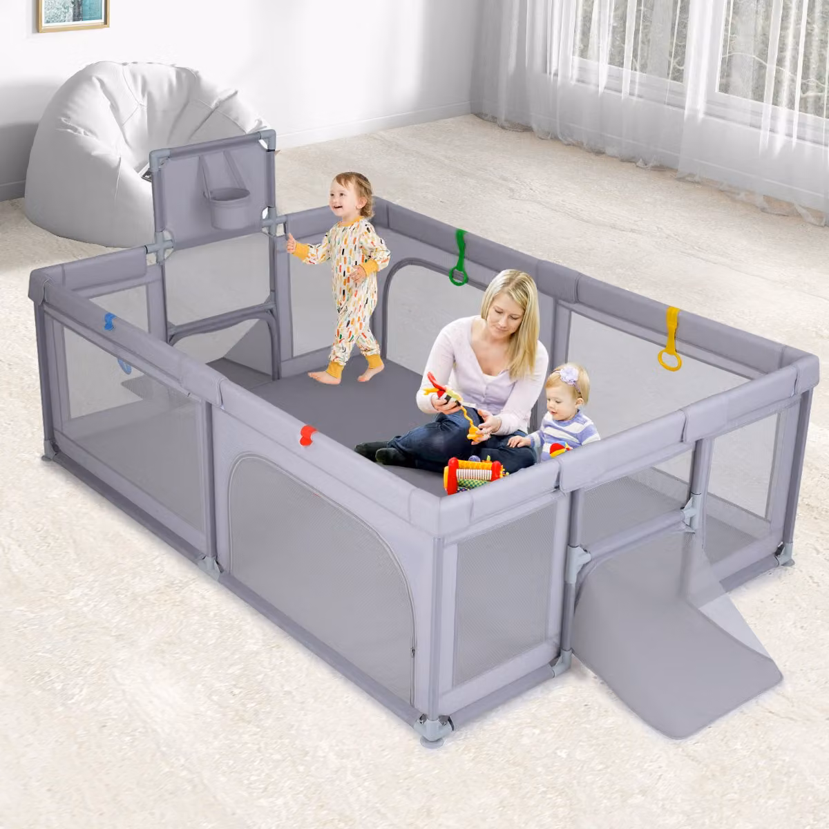 Area giochi Costway con canestro da basket e palline oceaniche, recinto rettangolare per bambini Grigio chiaro