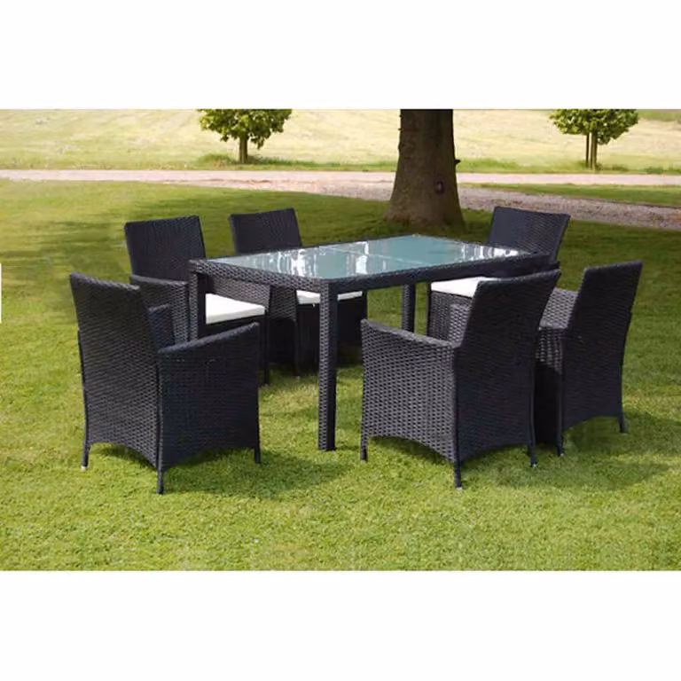 Set da pranzo da giardino vidaXL in polyrattan nero con tavolo in vetro e 7 pezzi con cuscini