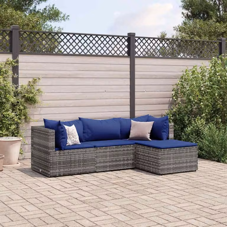 vidaXL Set Divani da Giardino a L con Ottoman e Cuscini, Struttura in Metallo e Polyrattan Grigio e Blu