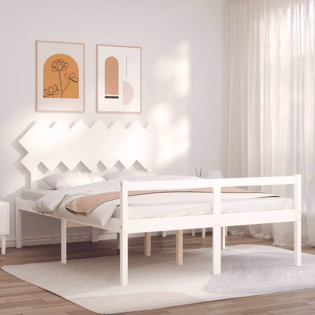 The Living Store Letto Senior con testiera 140x200 cm in legno massiccio bianco
