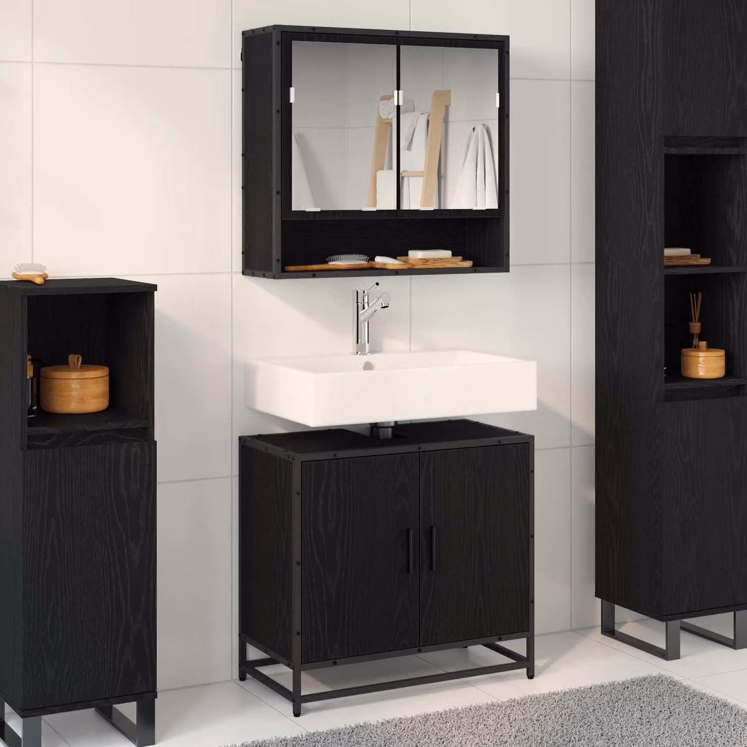 Set di mobili per il bagno vidaXL 2 pezzi in legno e metallo nero opaco con armadietto specchio e mobile lavabo L/P/H: 65 x 33 x 60 cm – 1