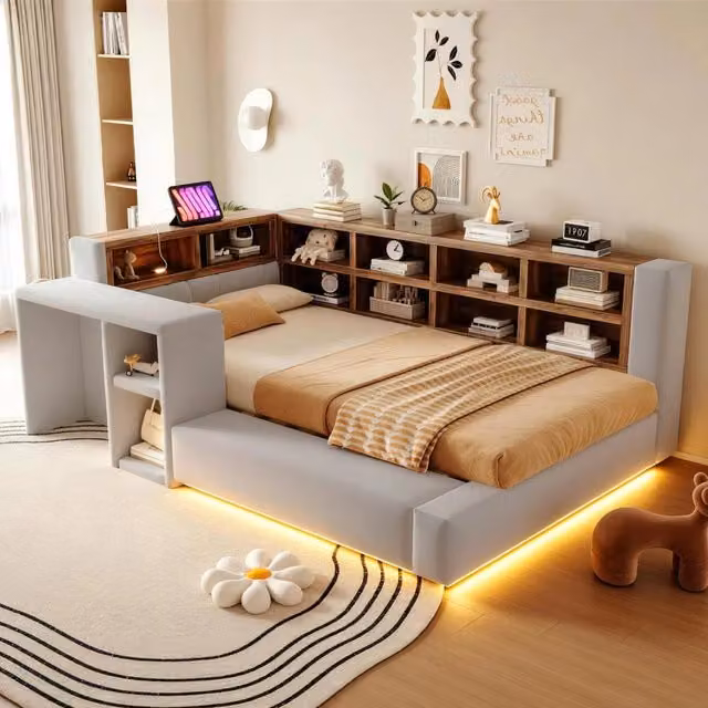 Letto imbottito REDOM grigio con vani contenitore, illuminazione LED, prese USB e ripiani laterali, L/P: 90 x 200 cm