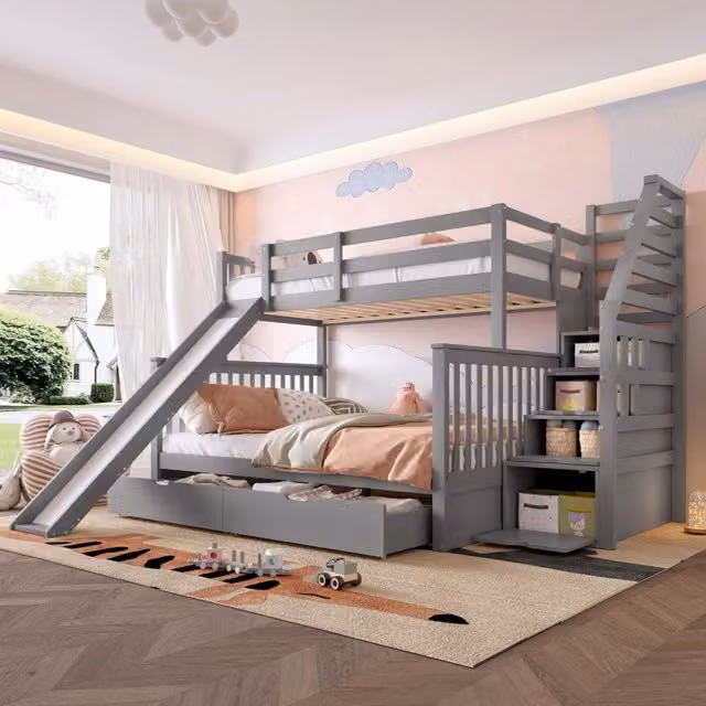 Letto a castello 90 x 200 sopra 140 x 200 con cassetti spazio di stoccaggio e scivolo multifunzionale grigio