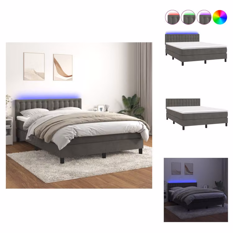 vidaXL Letto a molle con materasso e LED in velluto grigio scuro 140x200 cm - Letti & strutture letto