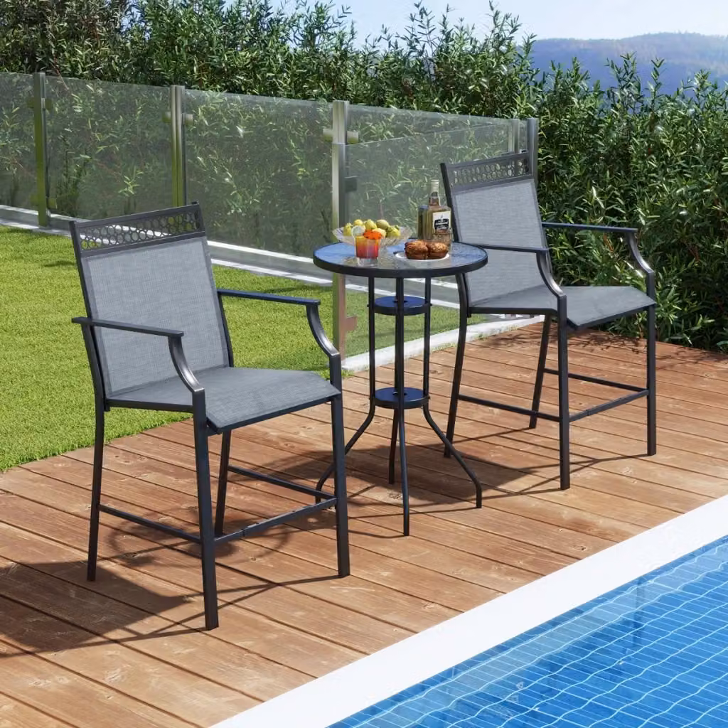 Set di 2 sgabelli da bar da esterno con braccioli e poggiapiedi in metallo blu opaco per giardino, balcone o terrazzo, H: 114 cm, L: 62 cm, P: 66 cm – 2