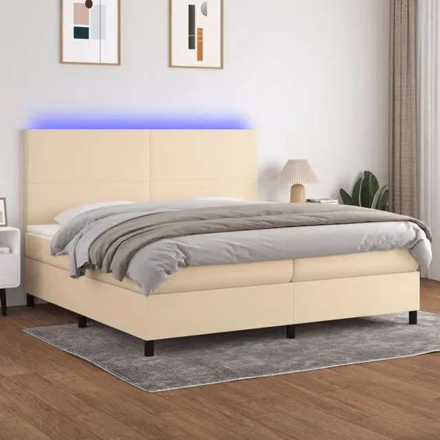 Letto moderno vidaXL con materasso a molle pocket e illuminazione LED bianca, tessuto beige, L: 200 cm, P: 200 cm, H: 203 cm – 1
