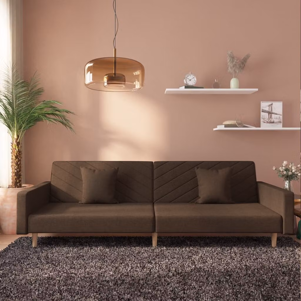 Divano letto 2 posti, con 2 cuscini, color marrone, rivestito in tessuto