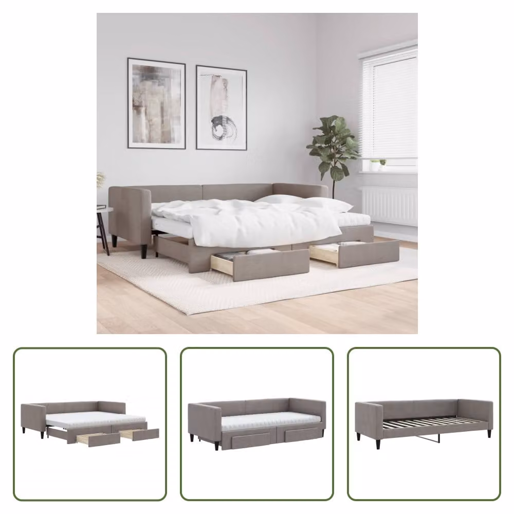 The Living Store Letto allungabile con cassetti Taupe 90x200 cm tessuto