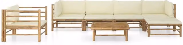 Set Divani da Giardino 7 pz con Cuscini Bianco Crema in Bambù 3058199