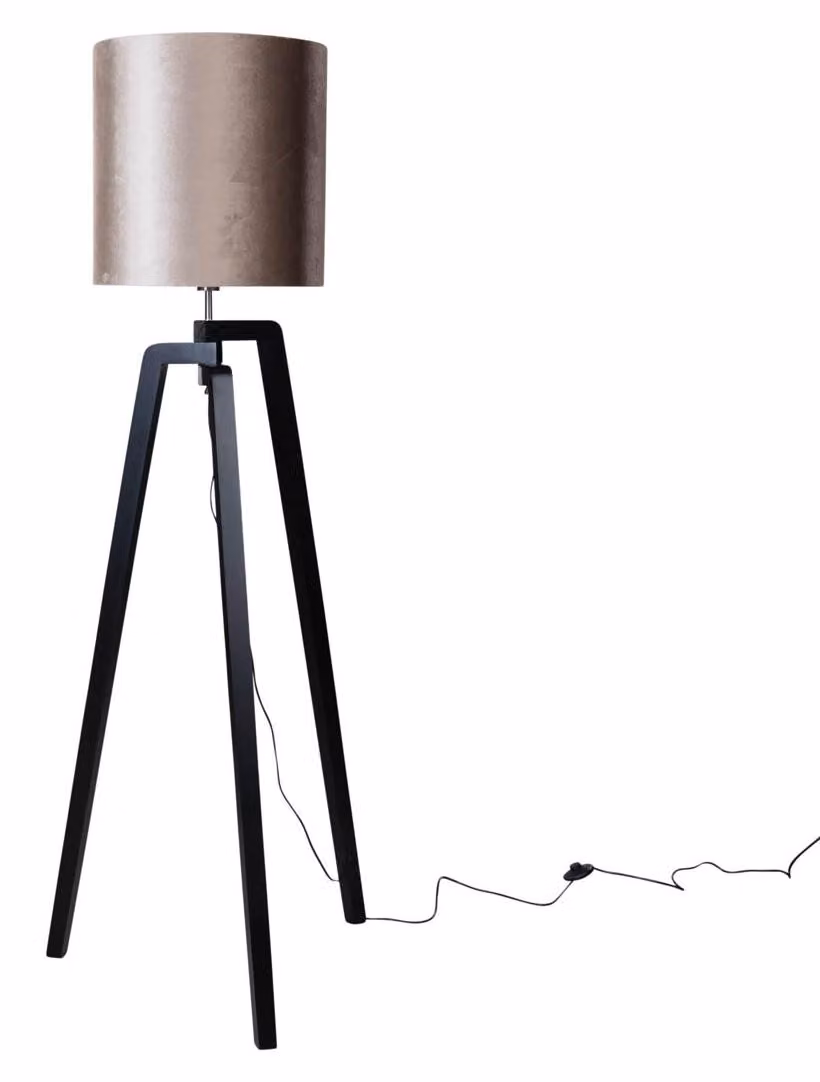 Lampada da terra nera con paralume in velluto color tortora, 50 cm, Puros