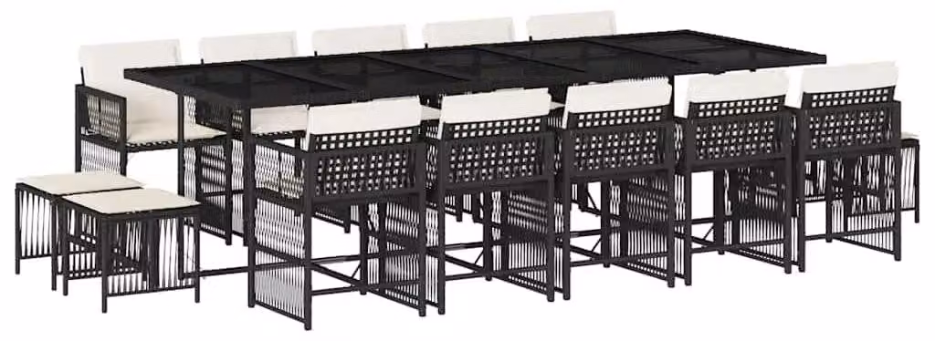 Set da giardino per 15 persone - rattan in polietilene, nero e crema, con tavolo in vetro