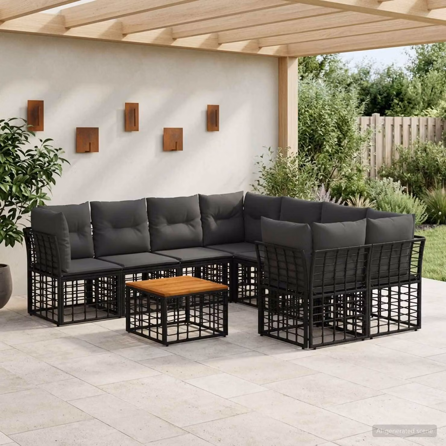 Set di divani da esterno vidaXL in polyrattan a forma di U con tavolo da caffè, 9 pezzi, Nero e Grigio scuro