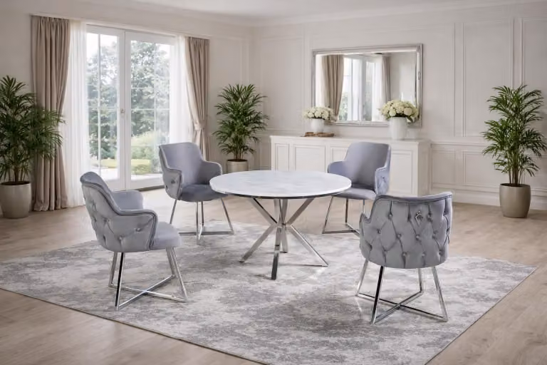 Tavolo con 4 sedie, stile moderno, colore argento, nuovo, comodo, rotondo, imbottito