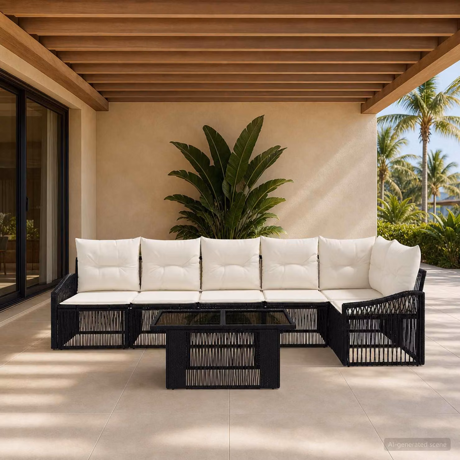 Set Divano da Giardino vidaXL in Polyrattan 7 Pezzi con Tavolino e Cuscini, Design Moderno a L, Nero e Bianco Crema