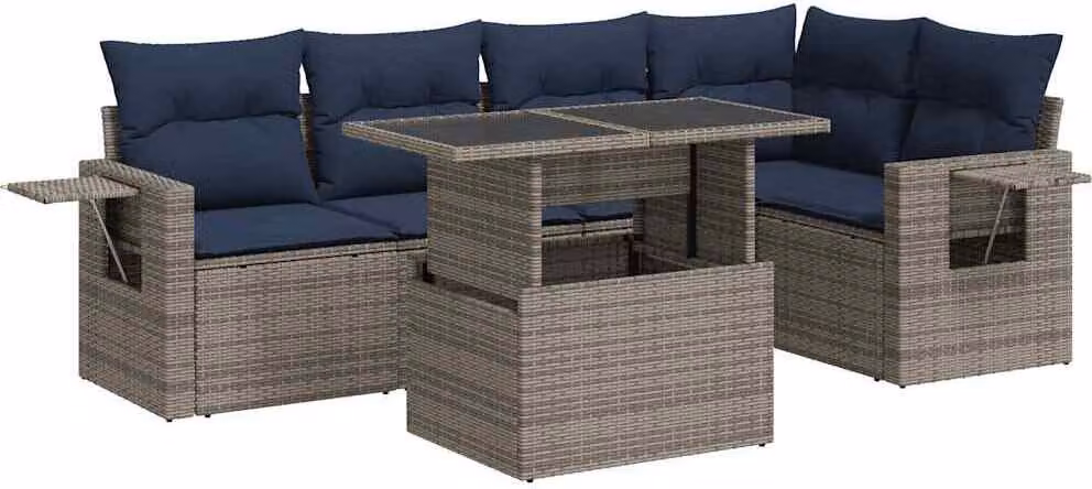 Set Divano da Giardino 6pz con Cuscini Grigio Polyrattan Acacia