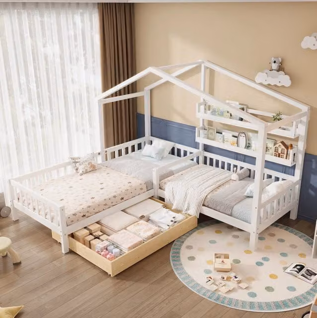 Letto a forma di casa ULEVR a L 90x200 e 140x70 cm con cassetto, ripiani e rete a doghe, bianco