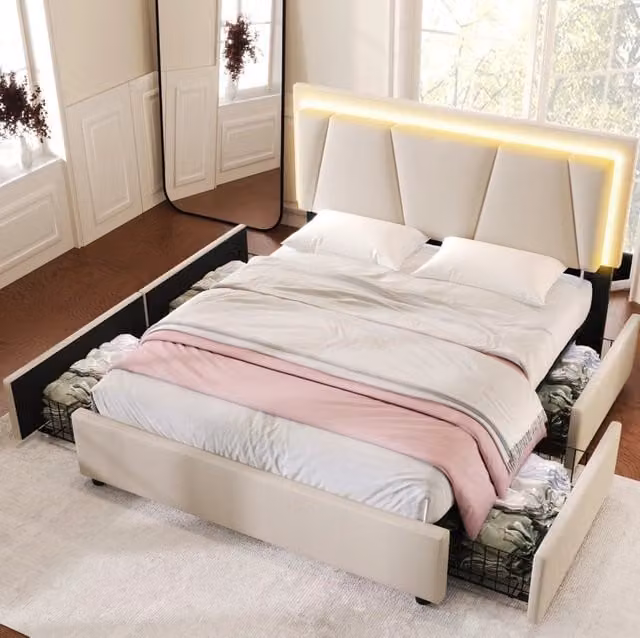 Letto matrimoniale ULEVR 160x200 cm con LED, 4 cassetti e testiera regolabile, beige