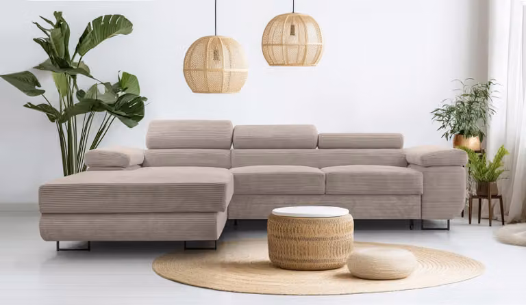 AX LIVING Cord Couch L Form - Arborio 280cm L Divano ad angolo in beige con funzione letto