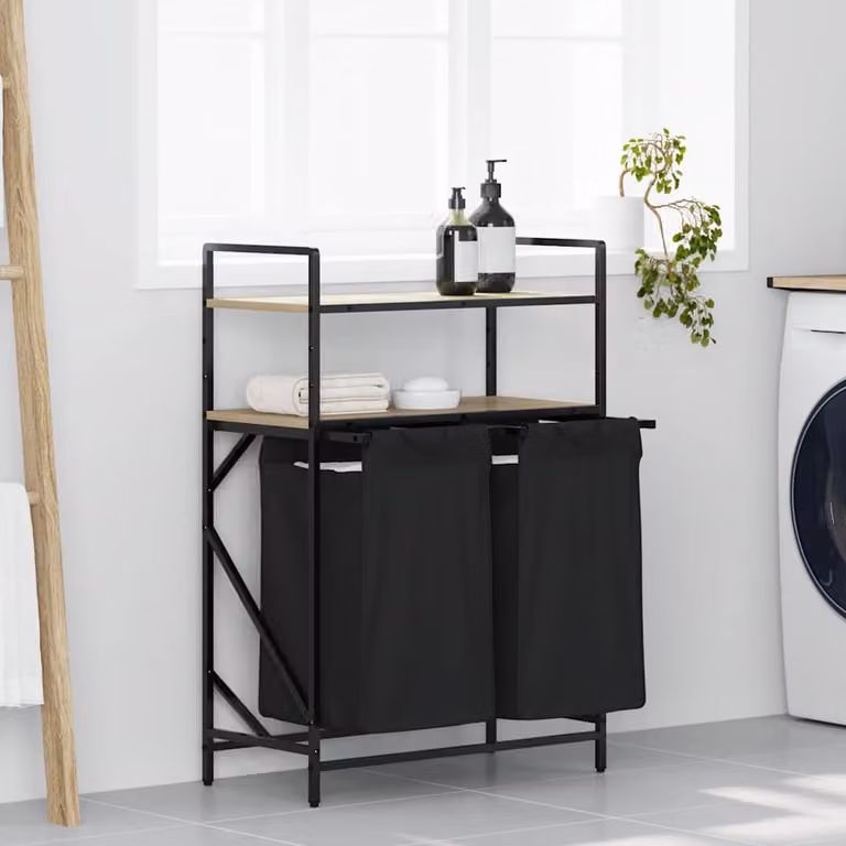 vidaXL Cesto Portabiancheria a 2 Scomparti con Ripiani, Disponibile in Nero o Marrone, L/P/H: 97 x 67 x 33 cm