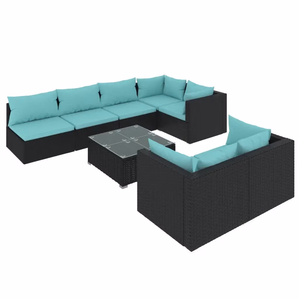 Set di mobili da giardino vidaXL a forma di L con 8 pezzi, polyrattan nero e blu con cuscini imbottiti e tavolino da caffè – 2