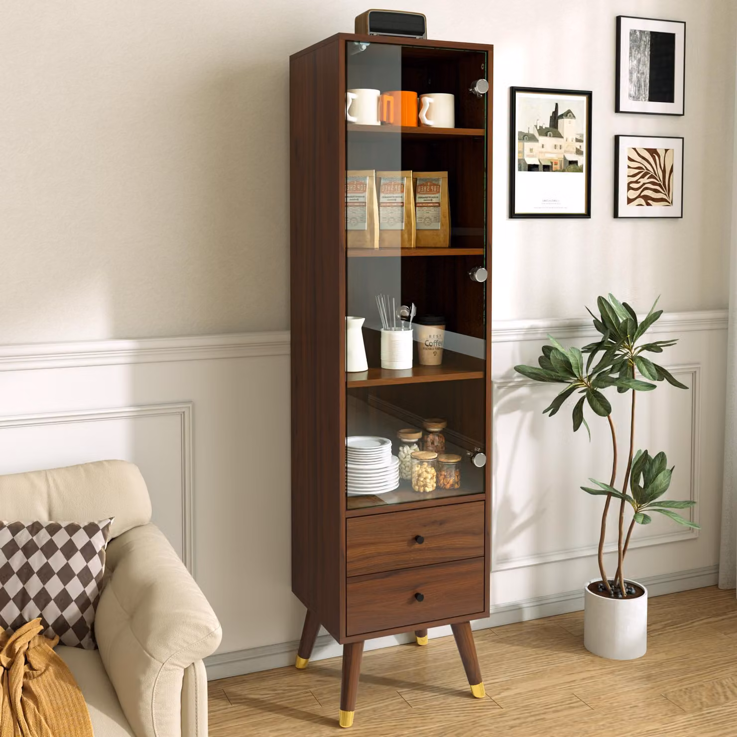 Armadio moderno alto con porta in vetro, vetrina con ripiani regolabili e 2 cassetti, mobile contenitore (sideboard) di dimensioni 39,8x35x160 cm, finitura effetto noce