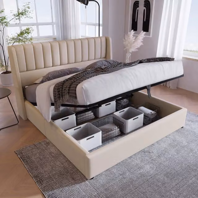 Letto Contenitore Matrimoniale Imbottito Idraulico ¨C MINIMAL ¨C Tessuto Beige, Doghe in Legno, 140x200