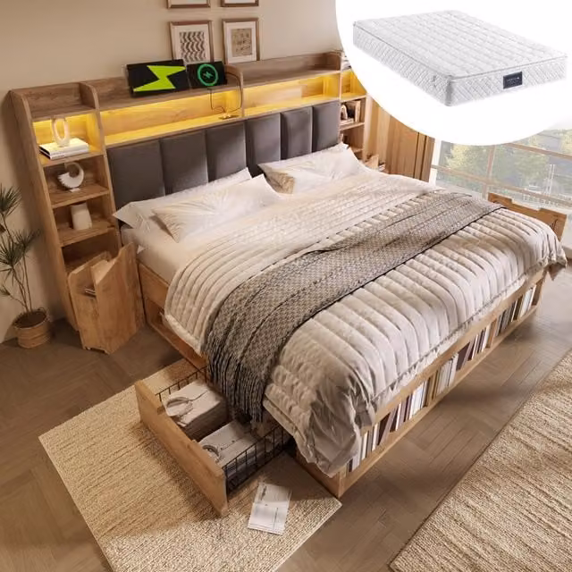 Letto Matrimoniale Contenitore con LED ¨C MINIMAL ¨C Rovere, Testiera Imbottita, 160x200