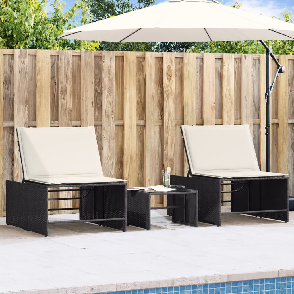 Set di 2 lettini prendisole modulari con tavolo vidaXL in polyrattan nero con cuscini bianchi resistenti alle intemperie e poggiatesta regolabile