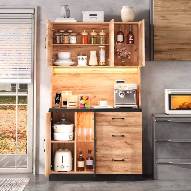 Mobile colonna cucina Mivray marrone con ante in vetro, illuminazione integrata, ripiani interni e cassetti, L: 105 cm, P: 40 cm, H: 180 cm