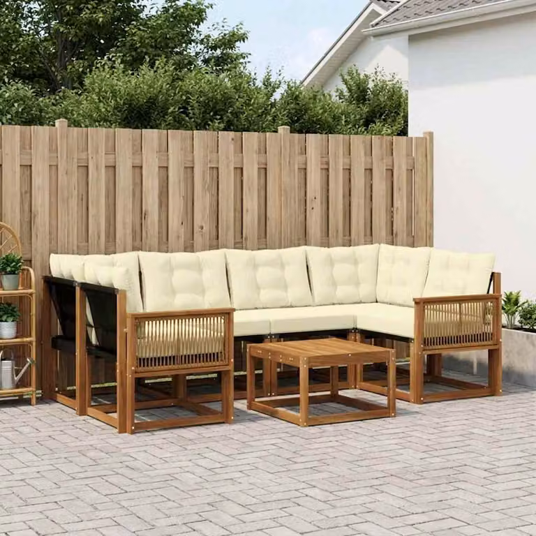 vidaXL Set di divani da esterno a L composto da 7 pezzi in legno di acacia con cuscini beige e bianchi