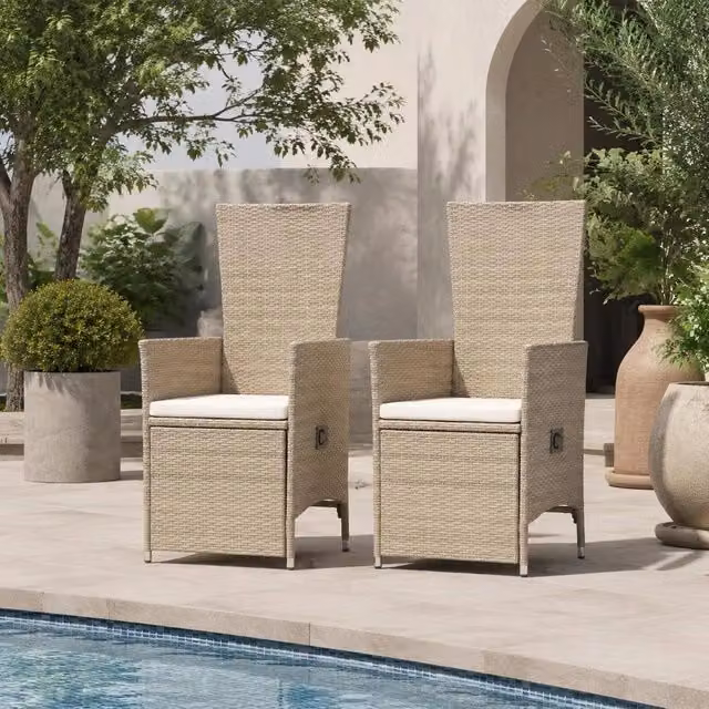 Garden Loungers, 2 Pieces, With Cushions, Poly Rattan, Beige
