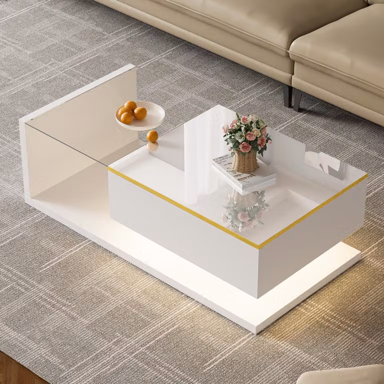 Tavolino Merax 100x50x32,5 cm, tavolino a LED con piano in vetro, tavolino da salotto con vano portaoggetti e luce Bluetooth, bianco lucido