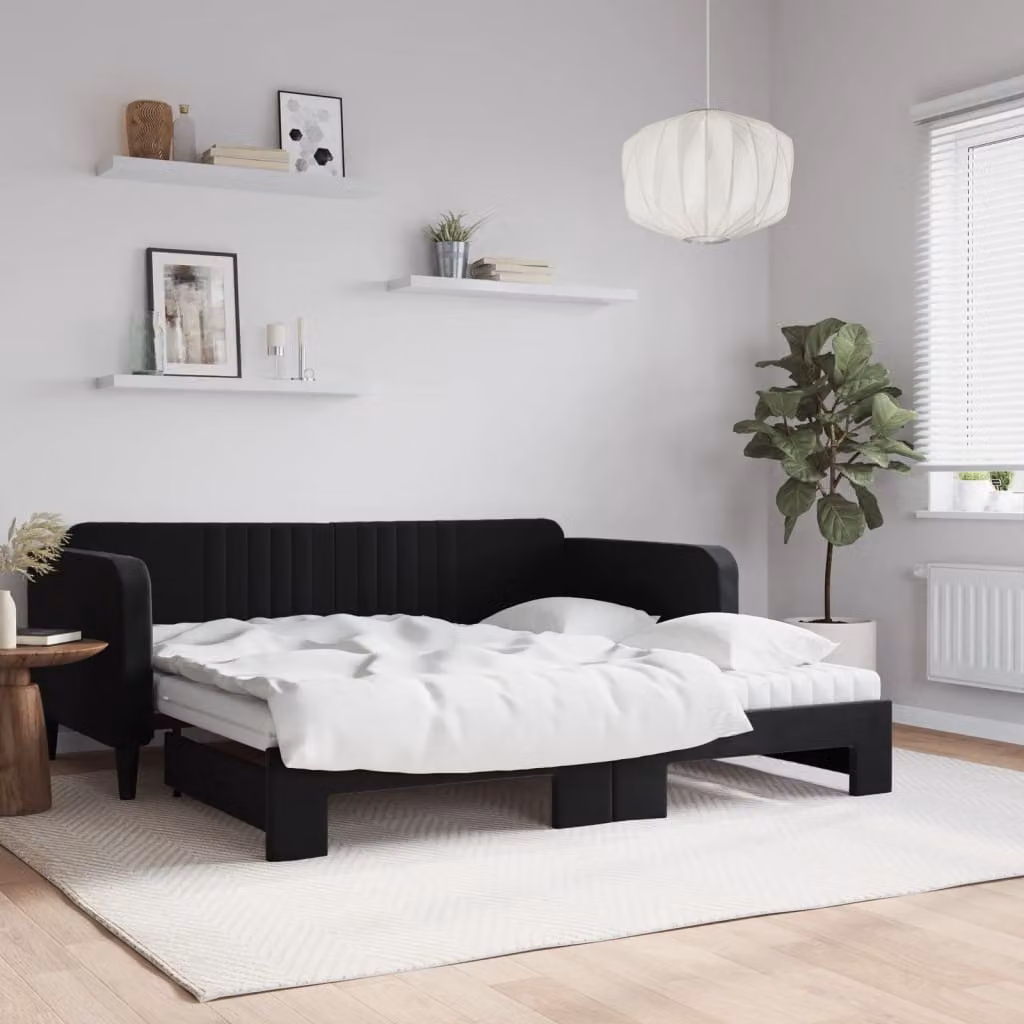 Divano Letto Estraibile vidaXL in Velluto Nero con Materassi L/P/H: 90 x 190 cm