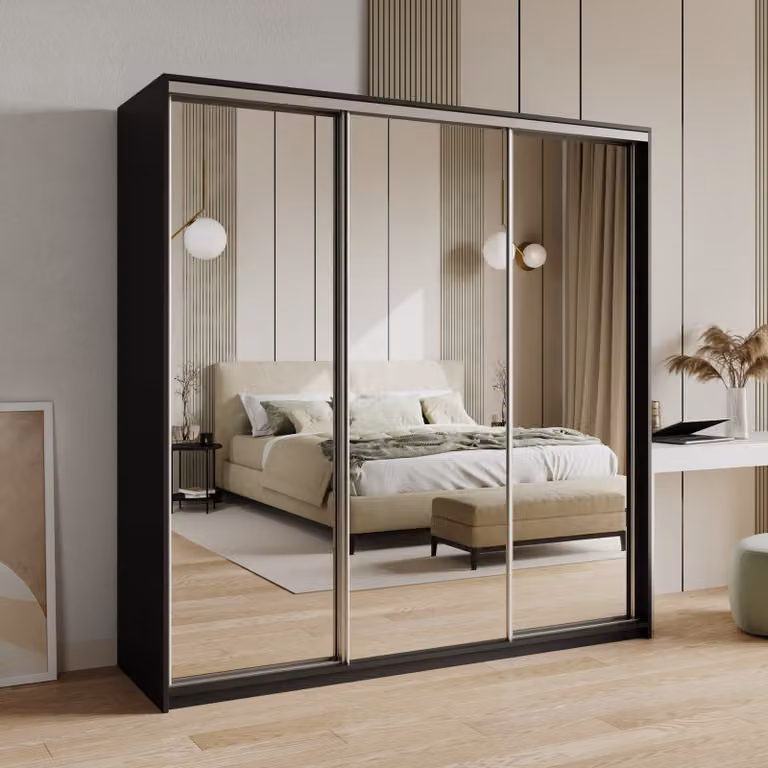 Armadio scorrevole Masseno RIEN 200/205/60 cm Armadio con cassetti Armadio per camera da letto a 3 ante con specchio Nero + raso