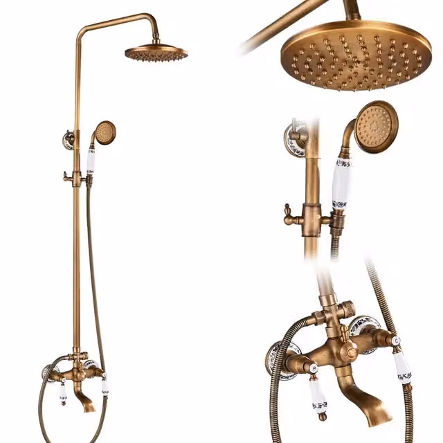 Rubinetto per doccia, comando a doppia maniglia, finitura in ottone antico, tipo E01