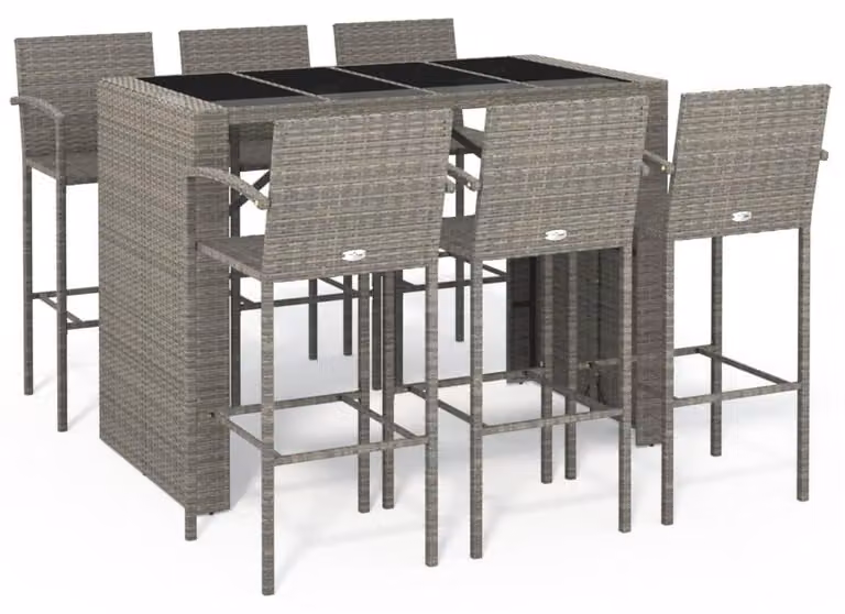 Set da giardino composto da 7 pezzi, colore grigio, realizzato in rattan sintetico
