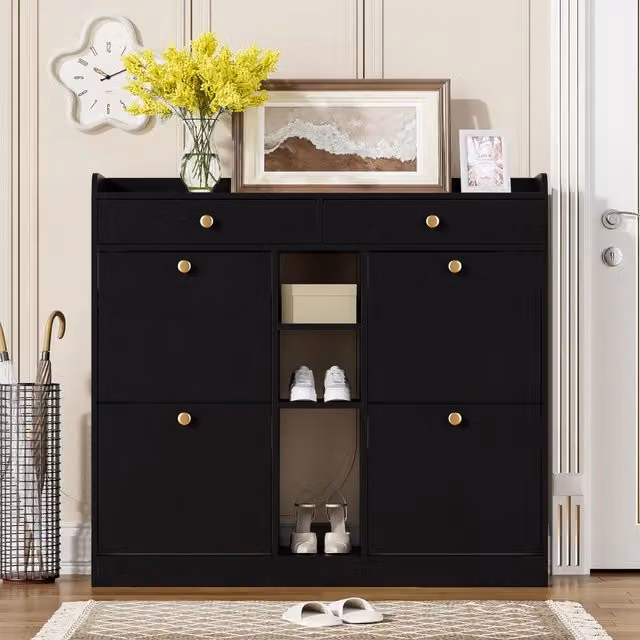 Scarpiera Salvaspazio REDOM Nera con scomparti basculanti in MDF, L 110 cm x P 26 cm x H 100 cm – 1