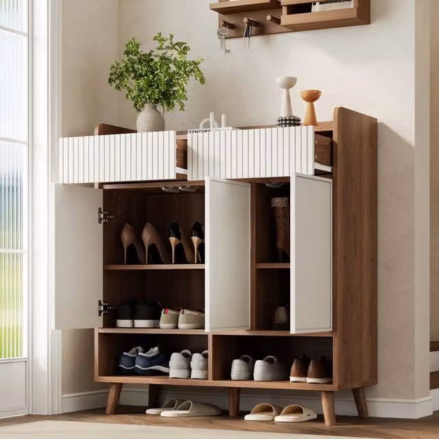 Scarpiera Consolle con 3 Ante e 2 Cassetti ¨C MINIMAL ¨C Bianco/Legno, 90x35x100 cm