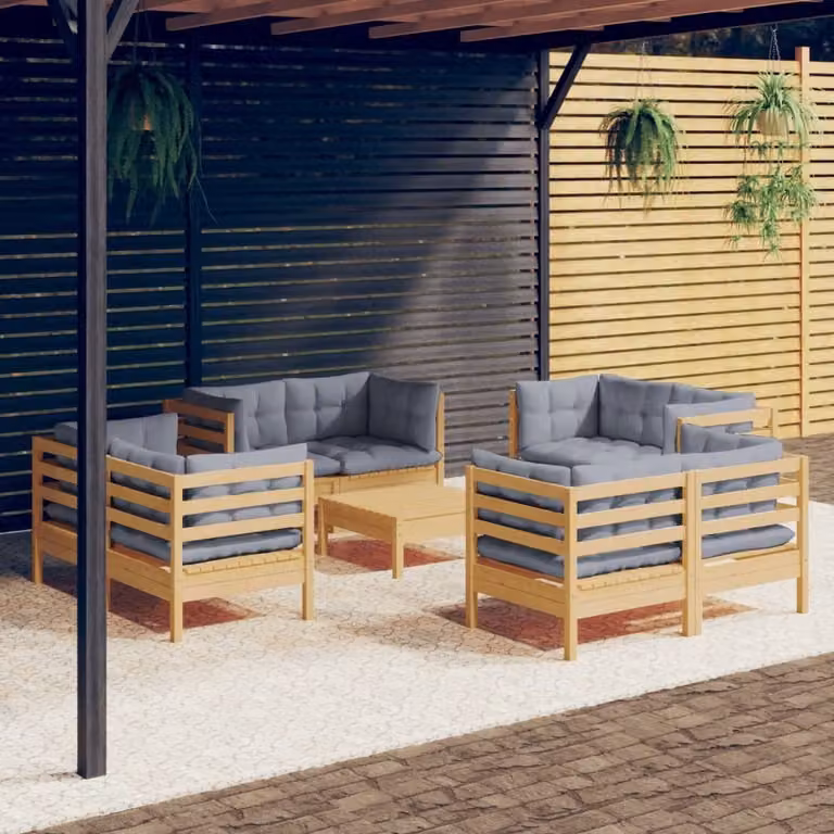 The Living Store Set da 9 pezzi per salotto da giardino con cuscini grigi in legno di pino