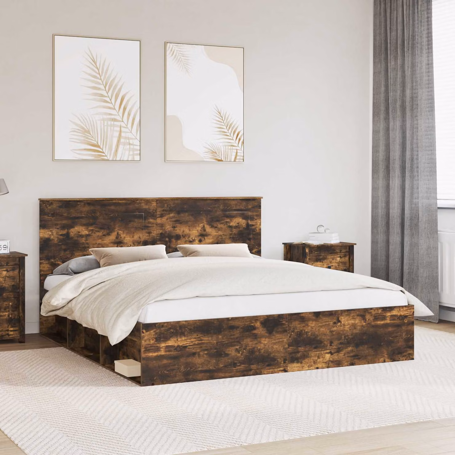 Struttura del letto moderna vidaXL in pino massello e MDF, colore rovere fumé, L/P/H: 180 x 200 x 210 cm – 1