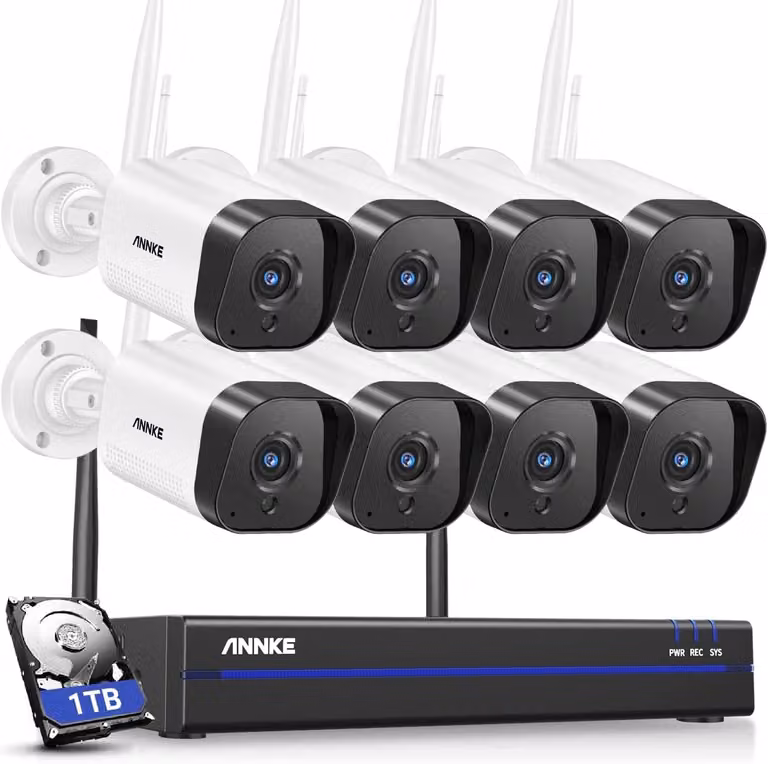 Kit di videosorveglianza wireless da 3 megapixel, Wi-Fi, 8 canali, risoluzione 5 megapixel, NVR con hard disk da 1 TB, 8 telecamere IP, visione notturna a infrarossi fino a 30 metri, registrazione audio per uso esterno