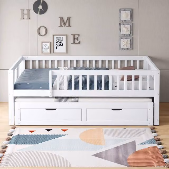 Letto multifunzione REDOM per bambini in legno bianco con letto estraibile e 2 cassetti L/P/H: 205 x 90 x 77,5 cm